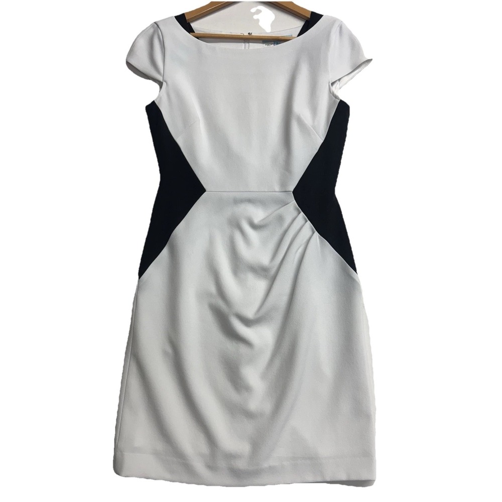 Antonio Melani Dress Size 6 Black White Colorblock Sheath Cap Sleeve Ruched